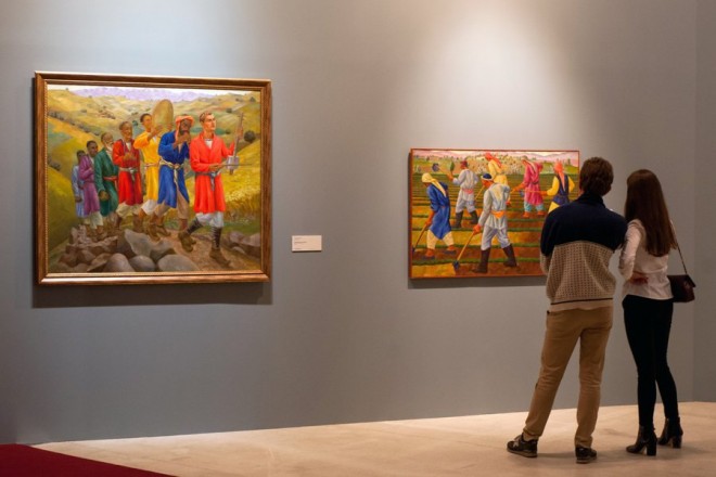 Art gallery, paintings, visitors